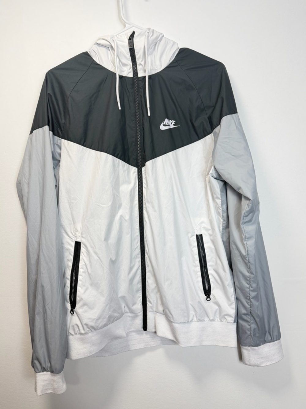 Nike Colorblock Hooded Windbreaker in Black, White & Light Gray medium